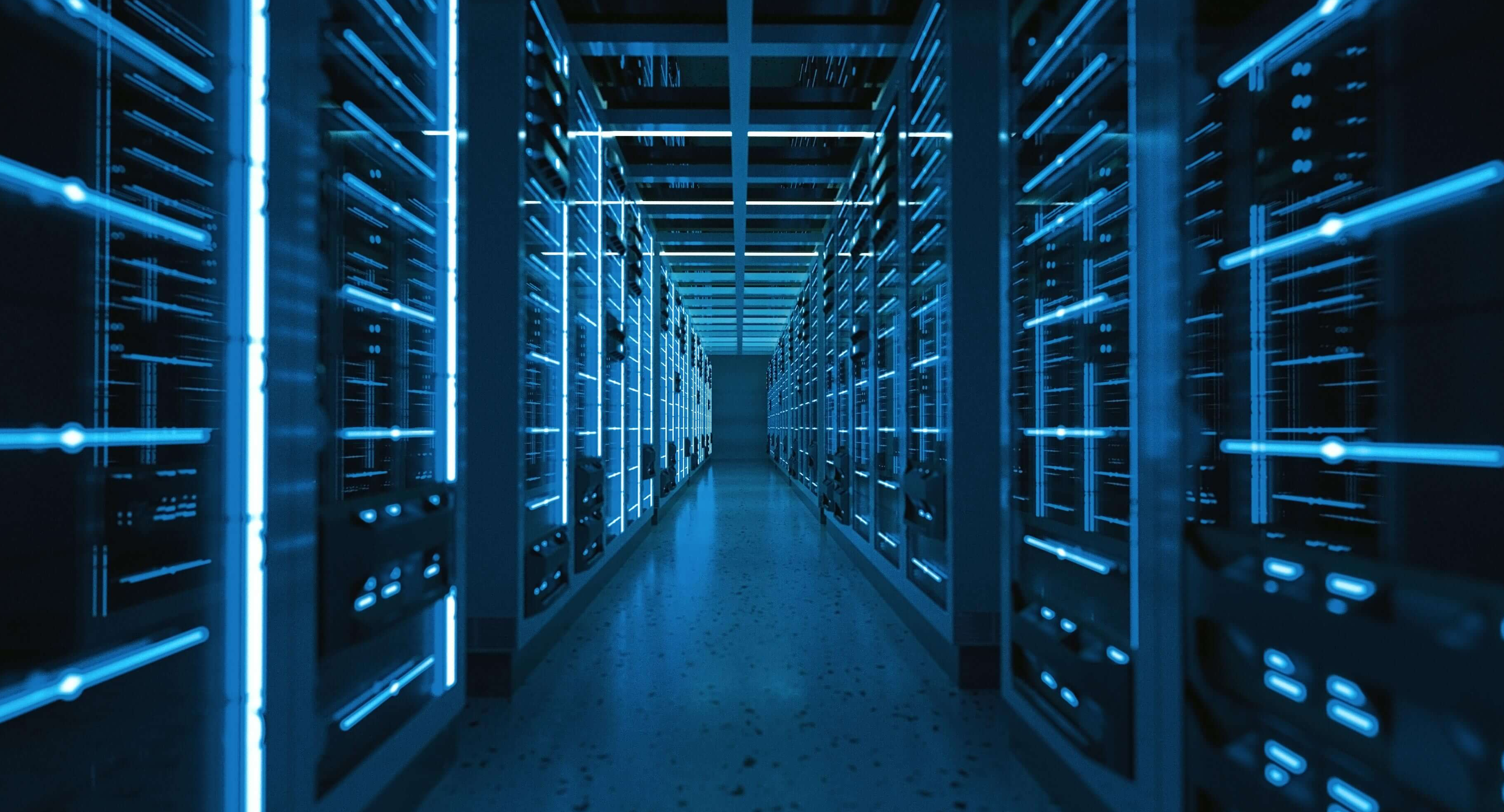 Data center server racks with blue lighting